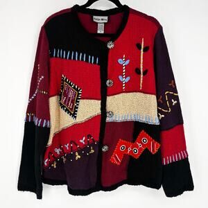 Indigo Moon Geometric Embroidered Beaded Colorblock Cardigan Sweater Size M